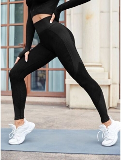 Seamless Color Block Wide Band Waist Sports Leggings