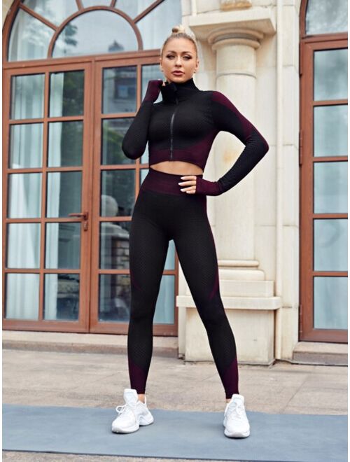 Shein Seamless Color Block Wide Band Waist Sports Leggings