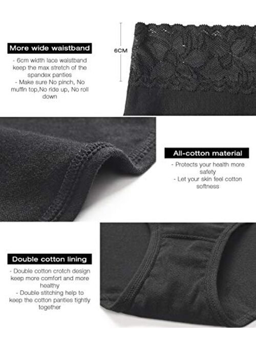 Women’s Underwear Cotton Panties for Women, Soft Ladies Lace Trim Underwear High Waisted Briefs 6 pack