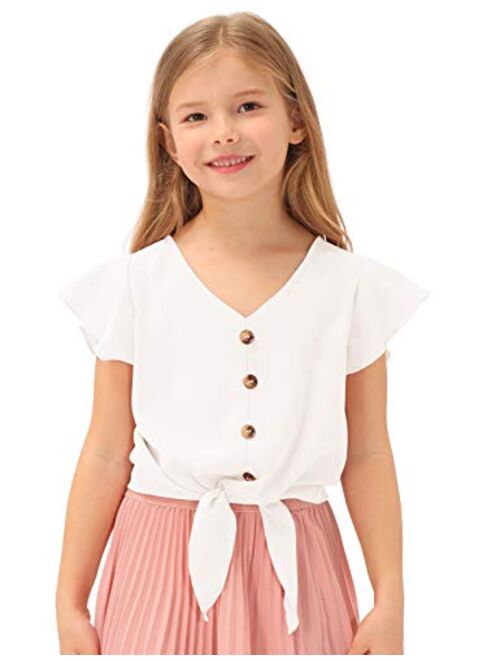 GRACE KARIN Girls Short Sleeve Shirts V Neck Ruffle Tie Knot Tops Solid Color Summer Shirts Blouse