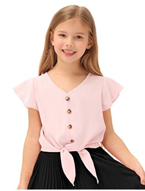 GRACE KARIN Girls Short Sleeve Shirts V Neck Ruffle Tie Knot Tops Solid Color Summer Shirts Blouse