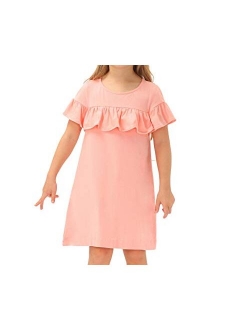 Girls Casual Crew Neck Ruffle Short Sleeve A-Line Cotton Dress