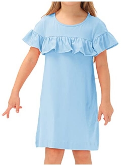 Girls Casual Crew Neck Ruffle Short Sleeve A-Line Cotton Dress