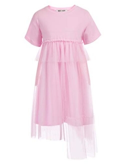 Girl Casual Short Sleeve Tutu Dress Lace Tulle Irregular Hem Princess Dress