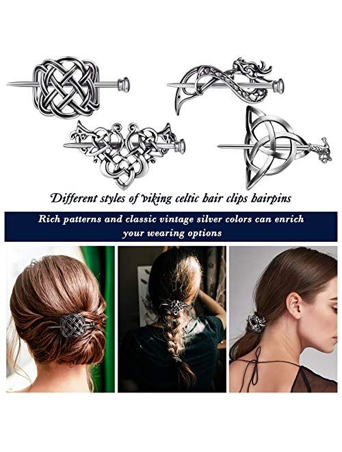 4 Pieces Viking Celtic Hair Clips Hairpins Celtics Knots Hairpins Retro Silver Hair Sticks Hair Pin Hair Accessories for Long Hair Women Girls