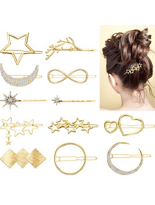 12 Pieces Hair Barrettes Hair Clips Minimalist Gold Hair Pins Women Lady Girl Hair Accessories Rhinestone Pearl Moon Star Pearl Hair Clip Vintage Snap Barrette Comb Stick