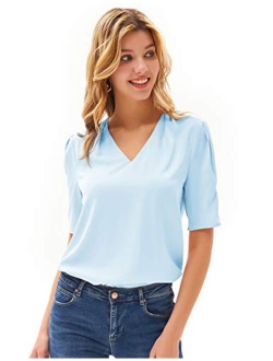 Women Short Puff Sleeve V Neck Tops Casual Loose Pleated Shirt Blouse