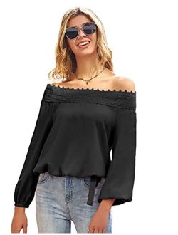 Women's Lantern Long Sleeve Lace Crochet Off The Shoulder Tops Loose Blouses Tops Shirt