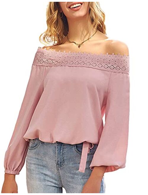 Asvivid Women's Lantern Long Sleeve Lace Crochet Off The Shoulder Tops Loose Blouses Tops Shirt