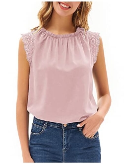 Women's Chiffon Blouses Summer Casual Lace Tank Tops Sleeveless Shirts Ruffle Neckline Fashion Vest Loose Fit