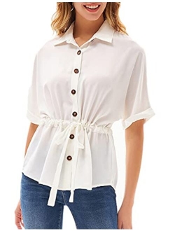 Women's V Neck Button Down Shirt Bat Roll-up Sleeve Drawstring Casual Work Blouses