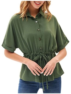 Women's V Neck Button Down Shirt Bat Roll-up Sleeve Drawstring Casual Work Blouses