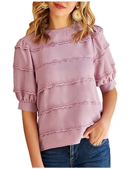 Women's Puff Sleeve Lace Trim Crew Neck Keyhole Casual Work Blouse Tops