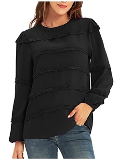 Women's Puff Sleeve Lace Trim Crew Neck Keyhole Casual Work Blouse Tops