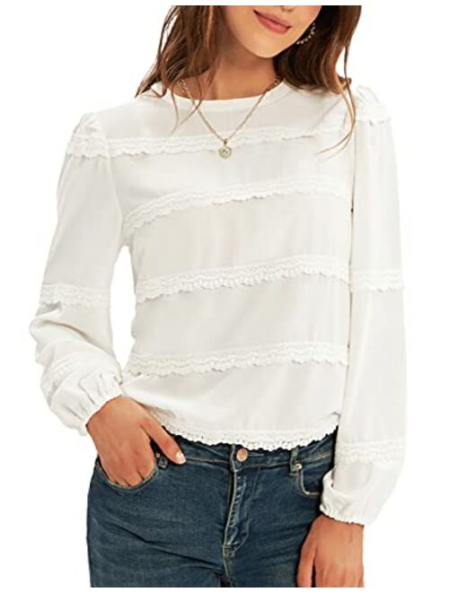 GRACE KARIN Women's Puff Sleeve Lace Trim Crew Neck Keyhole Casual Work Blouse Tops