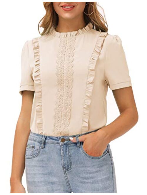 GRACE KARIN Women's Puff Sleeve Lace Trim Crew Neck Keyhole Casual Work Blouse Tops