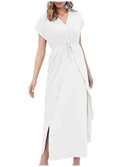 Women Summer Maxi Dress V-Neck Elastic Waist Surplice Long Dress