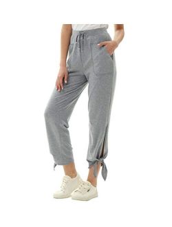 Women's Straight Leg Casaul Cropped Pants Drawstring Trousers with Pockets