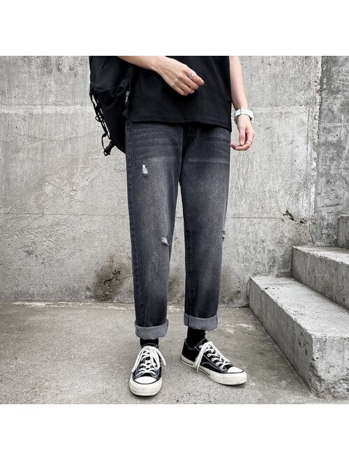 2020 new fashion men's jeans brand hip hop autumn torn men's solid cotton straight tube loose vintage washed jeans streetwear