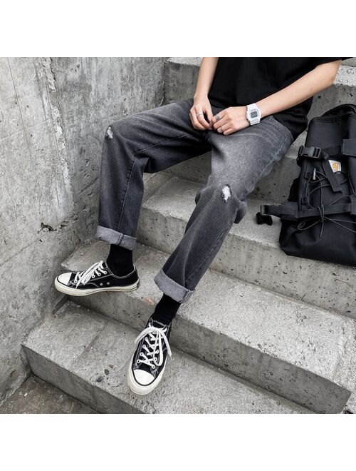 2020 new fashion men's jeans brand hip hop autumn torn men's solid cotton straight tube loose vintage washed jeans streetwear