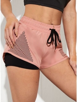 Hollow Out Drawstring Waist Sports Shorts