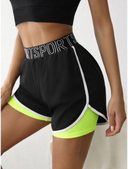 2 In 1 Letter Graphic Contrast Trim Sports Shorts