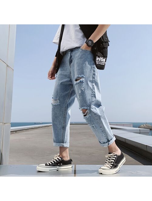 Mens Cool Designer Brand Light blue Jeans Harem Wide leg pants Ripped Destroyed Stretch loose Hop Hop Pants With Holes For Men