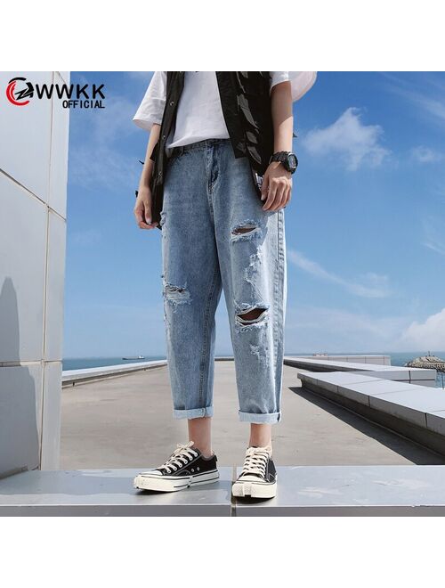 Mens Cool Designer Brand Light blue Jeans Harem Wide leg pants Ripped Destroyed Stretch loose Hop Hop Pants With Holes For Men