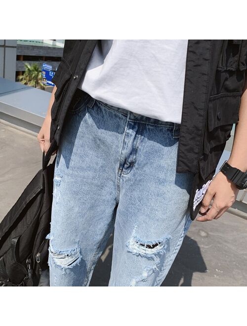 Mens Cool Designer Brand Light blue Jeans Harem Wide leg pants Ripped Destroyed Stretch loose Hop Hop Pants With Holes For Men