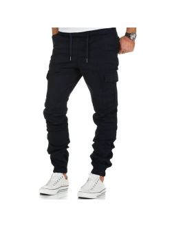 Mens Casual Slim Fit Pants Summer Cargo Stretch Solid Outwear Trousers Fashion Elastic Drawstring Pockets Sport Long Pants