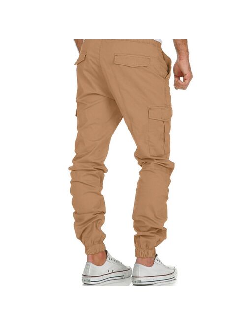 Mens Casual Slim Fit Pants Summer Cargo Stretch Solid Outwear Trousers Fashion Elastic Drawstring Pockets Sport Long Pants