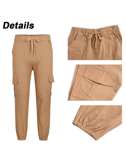 Mens Casual Slim Fit Pants Summer Cargo Stretch Solid Outwear Trousers Fashion Elastic Drawstring Pockets Sport Long Pants