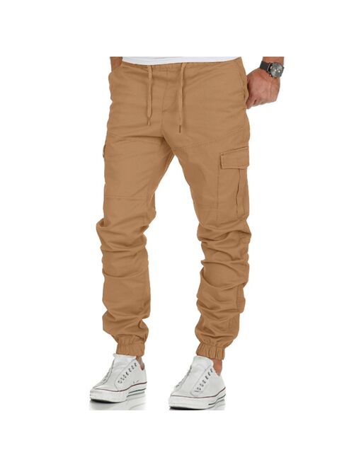 Mens Casual Slim Fit Pants Summer Cargo Stretch Solid Outwear Trousers Fashion Elastic Drawstring Pockets Sport Long Pants