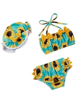 3Pcs Infant Baby Girls Swimsuit Sunflower Sleeveless Crop Top Ruffle Shorts Hat Summer Bikini Beachwear