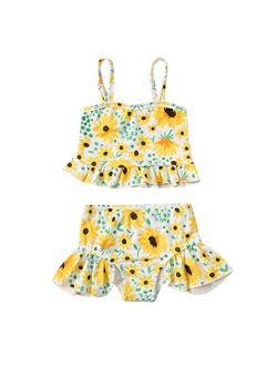 Baby Kids Girls Ruffle Sunflower Print Straps Swimsuit Tops Shorts Swimwear Set Summer Beach Swimsuits