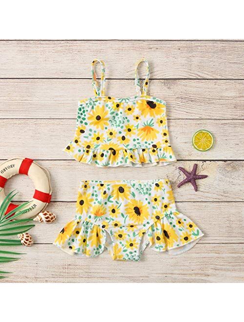 Baby Kids Girls Ruffle Sunflower Print Straps Swimsuit Tops Shorts Swimwear Set Summer Beach Swimsuits