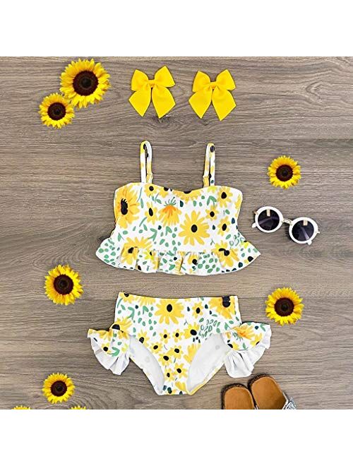 Baby Kids Girls Ruffle Sunflower Print Straps Swimsuit Tops Shorts Swimwear Set Summer Beach Swimsuits