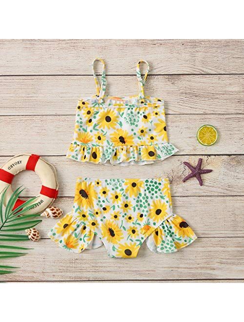 Baby Kids Girls Ruffle Sunflower Print Straps Swimsuit Tops Shorts Swimwear Set Summer Beach Swimsuits