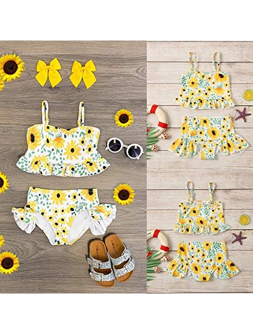 Baby Kids Girls Ruffle Sunflower Print Straps Swimsuit Tops Shorts Swimwear Set Summer Beach Swimsuits