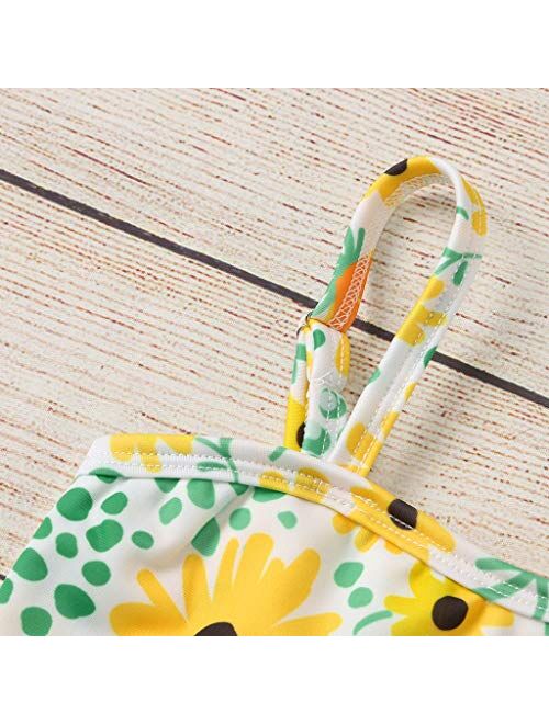 Baby Kids Girls Ruffle Sunflower Print Straps Swimsuit Tops Shorts Swimwear Set Summer Beach Swimsuits