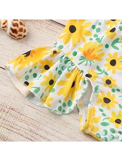 Baby Kids Girls Ruffle Sunflower Print Straps Swimsuit Tops Shorts Swimwear Set Summer Beach Swimsuits