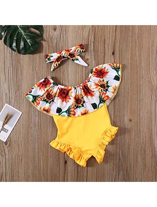 BroStrongwn Toddler Baby Girls Sunflower Print Ruffle One Piece Swimsuit Swimwear Beach Bathing Suit with Headband