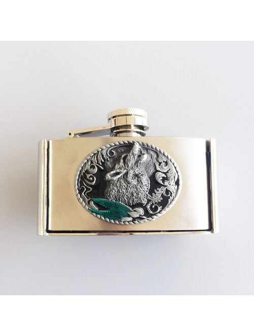 Retail Belt Buckle (Western Wolf 3oz Flask) BUCKLE-FL-Wolf Flask Belt Buckle Free Shipping also Stock in US