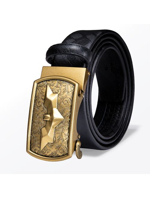 Hi-Tie Automatic Men's Belt with Gold Buckle Fashion Business Style Black Solid Leather Belts with Brand Buckle Belts for Men