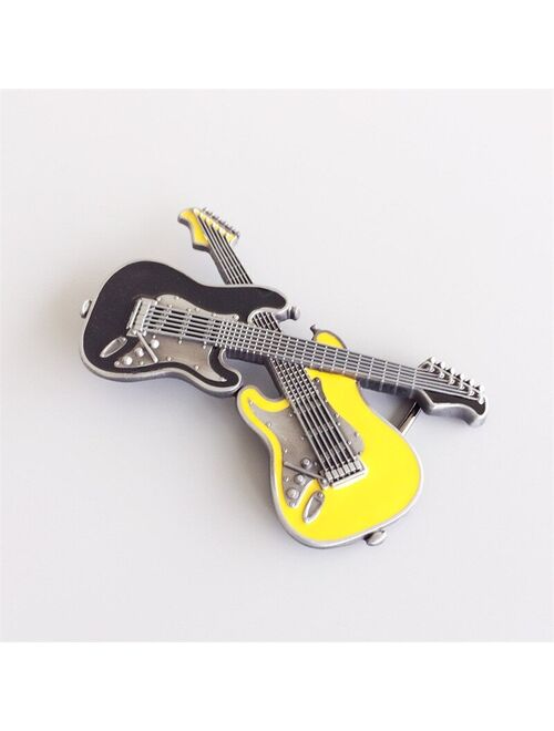 Retail Distribute Black Yellow Crossed Double Guitars Belt Buckle BUCKLE-MU094BKYE  Free Shipping