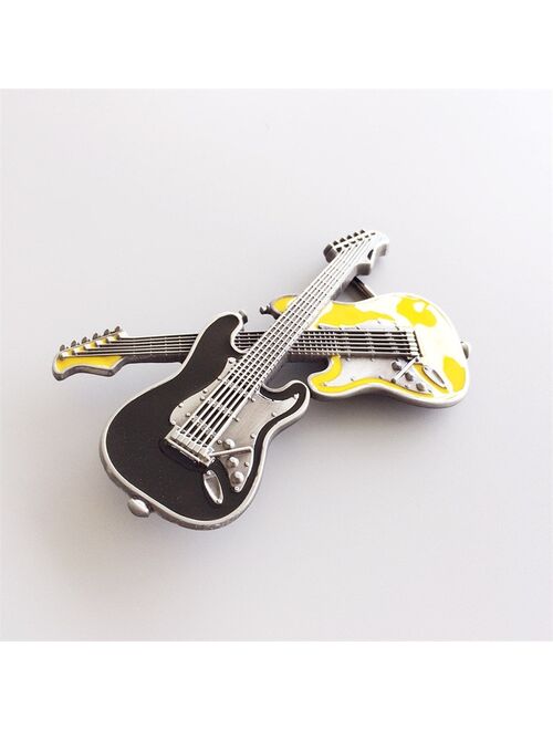 Retail Distribute Black Yellow Crossed Double Guitars Belt Buckle BUCKLE-MU094BKYE  Free Shipping