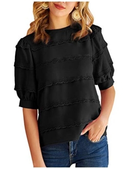 Women's Puff Sleeve Lace Trim Crew Neck Keyhole Casual Work Blouse Tops