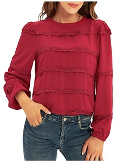 Women's Puff Sleeve Lace Trim Crew Neck Keyhole Casual Work Blouse Tops