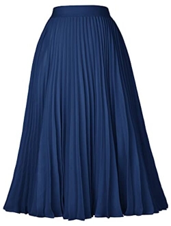 Women High Elastic Waist Plisse Pleated Chiffon Skirt Midi Swing A-line Skirts