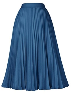 Women High Elastic Waist Plisse Pleated Chiffon Skirt Midi Swing A-line Skirts